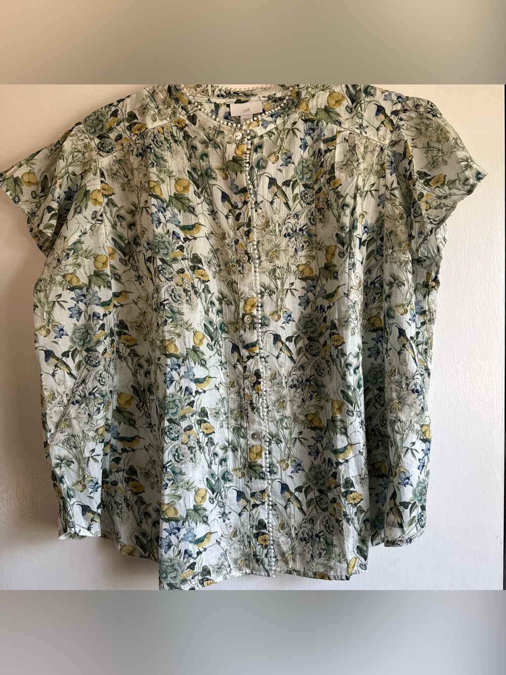J Jill Shirred Trim Cap Sleeve Top Lucie Bird Utopia Button Up Sheer 2X New